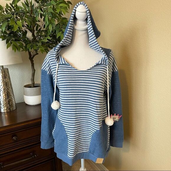 NWT Jadelynn Brooke Pom Pom Hoodie Pullover Poolside Blue Striped Small - Picture 3 of 4